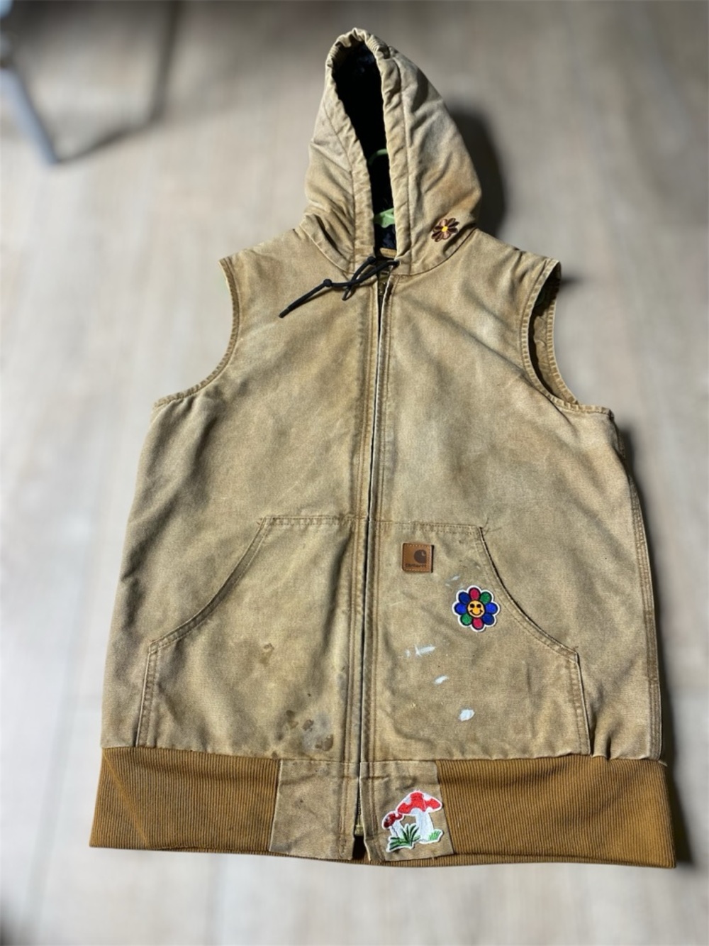 Vintage Y2K Tan Carhartt Insulated Hooded Zip Up Vest Medium Distressed Patches